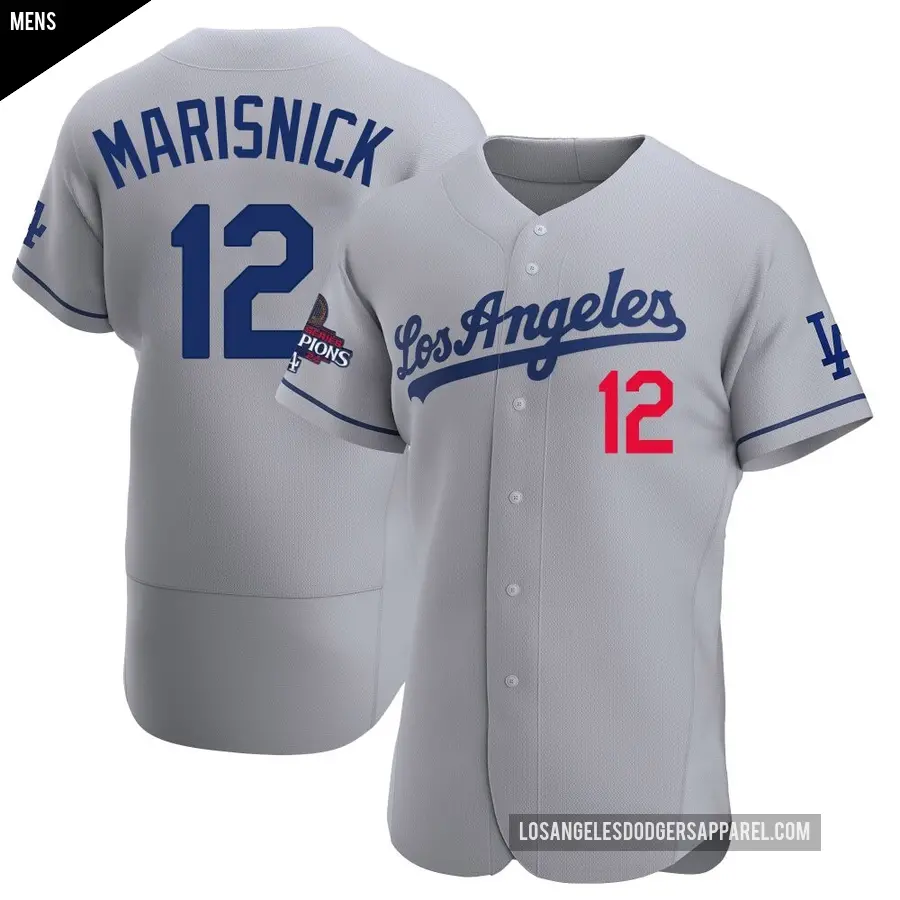Men's Los Angeles Dodgers ＃12 Jake Marisnick Authentic Gray Away Official 2024 World Series Champions Jersey