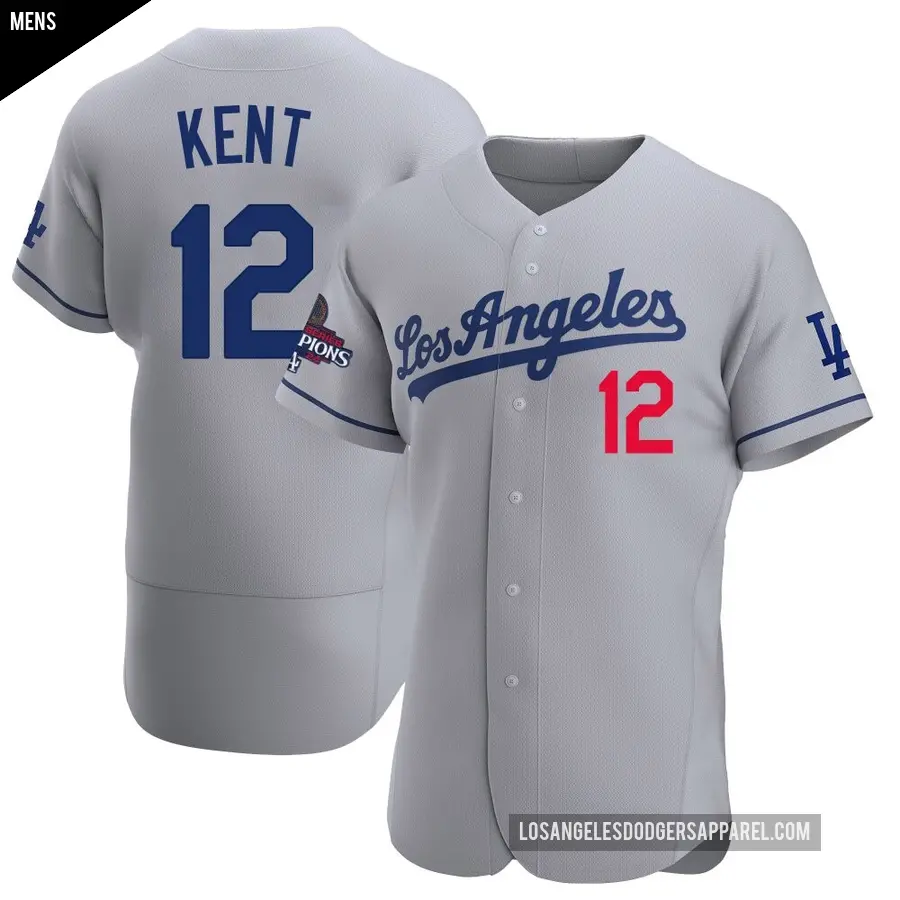 Men's Los Angeles Dodgers ＃12 Jeff Kent Authentic Gray Away Official 2024 World Series Champions Jersey
