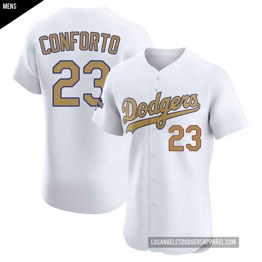 Men&#039;s Los Angeles Dodgers &#65283;23 Michael Conforto Elite Gold White 2025 Collection Jersey