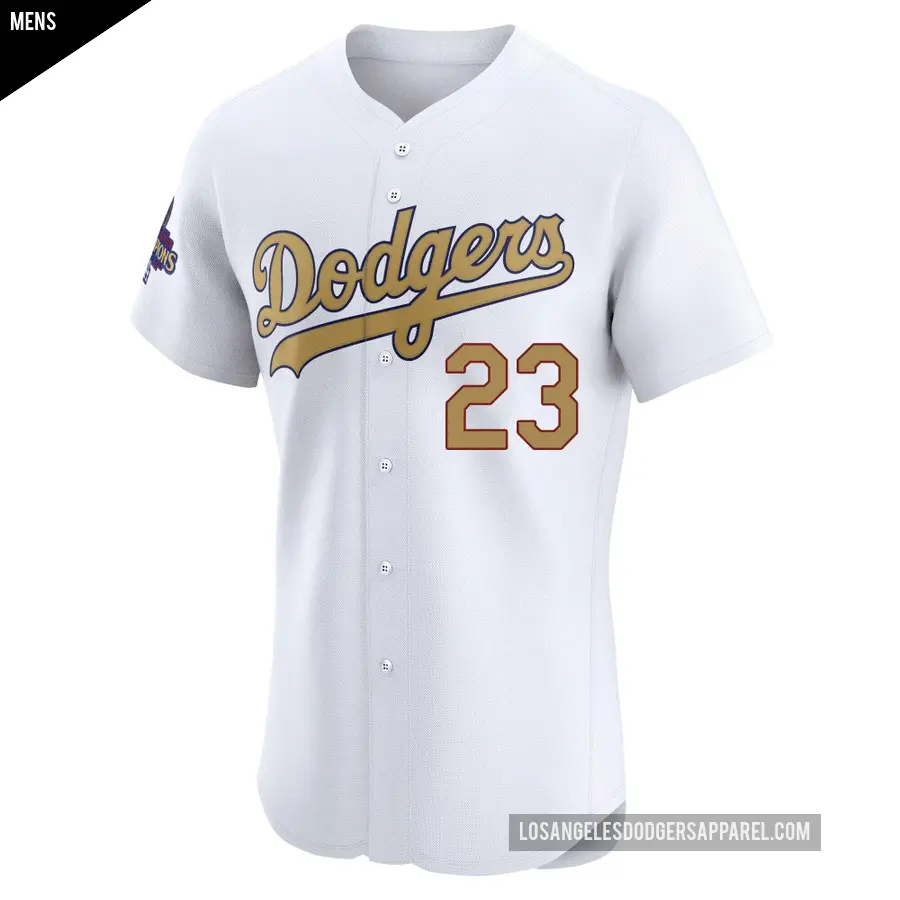 Men&#039;s Los Angeles Dodgers &#65283;23 Michael Conforto Elite Gold White 2025 Collection Jersey