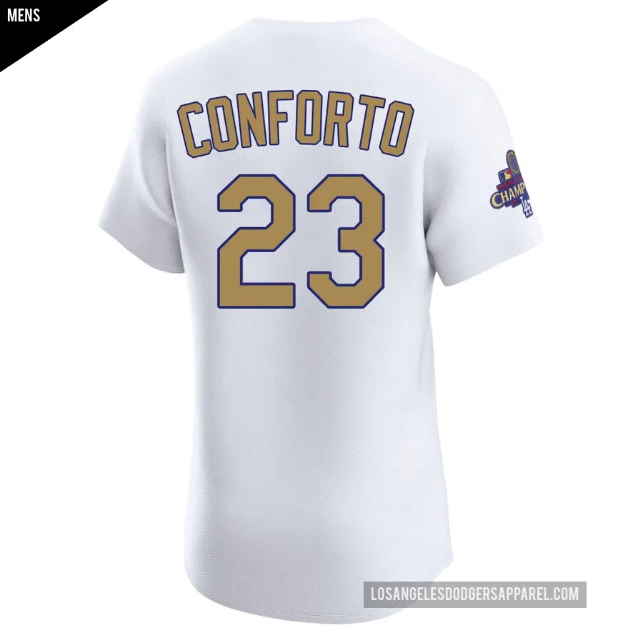 Men&#039;s Los Angeles Dodgers &#65283;23 Michael Conforto Elite Gold White 2025 Collection Jersey