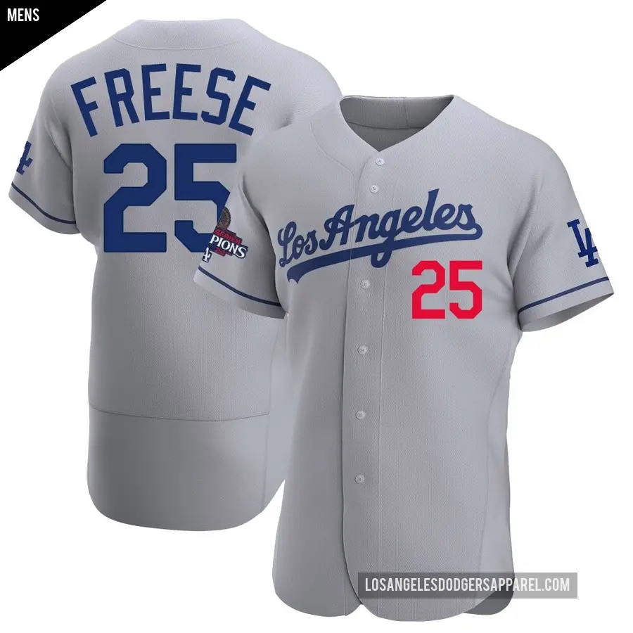 Men's Los Angeles Dodgers ＃25 David Freese Authentic Gray Away Official 2024 World Series Champions Jersey