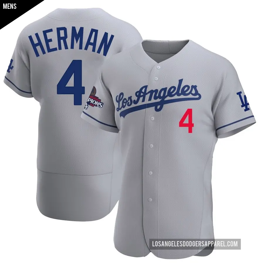 Men's Los Angeles Dodgers ＃4 Babe Herman Authentic Gray Away Official 2024 World Series Champions Jersey