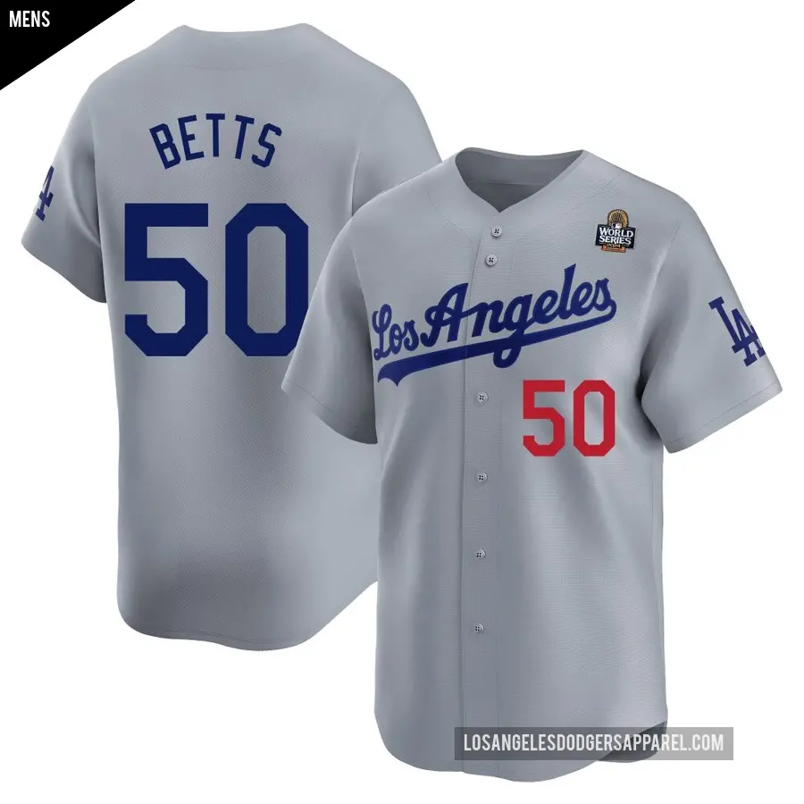 Men&#039;s Los Angeles Dodgers &#65283;50 Mookie Betts Limited Gray Away 2024 World Series Jersey