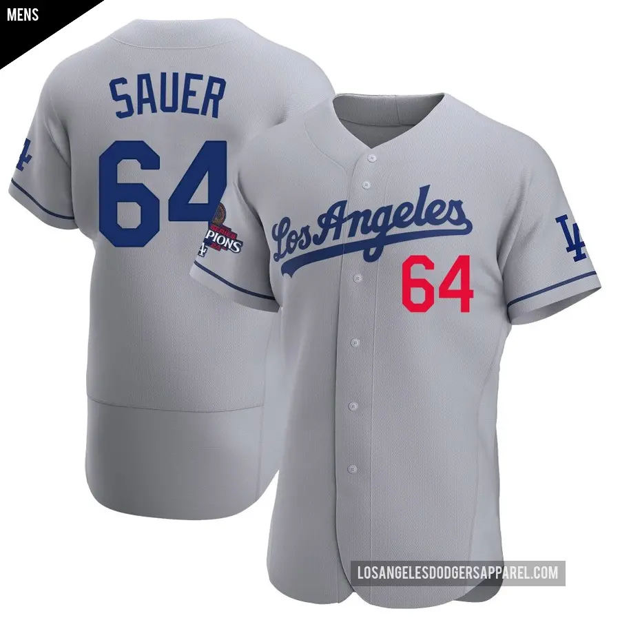 Men's Los Angeles Dodgers ＃64 Matt Sauer Authentic Gray Away Official 2024 World Series Champions Jersey