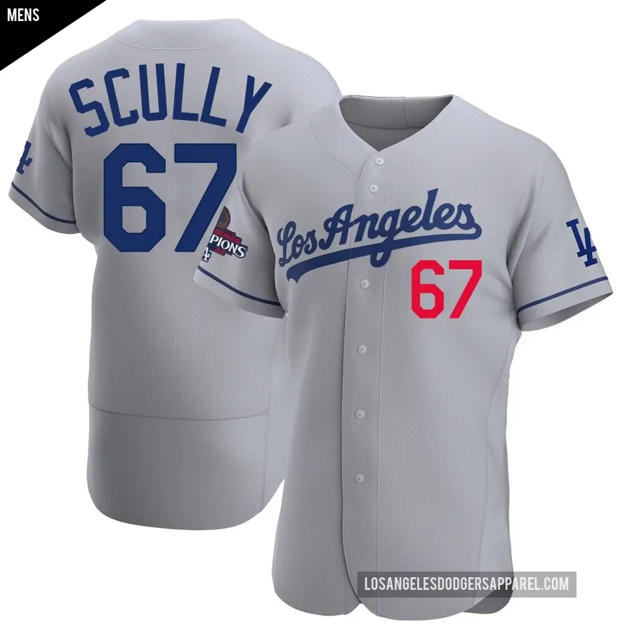 Men's Los Angeles Dodgers ＃67 Vin Scully Authentic Gray Away Official 2024 World Series Champions Jersey