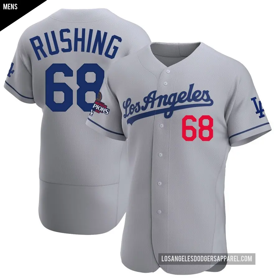 Men's Los Angeles Dodgers ＃68 Dalton Rushing Authentic Gray Away Official 2024 World Series Champions Jersey