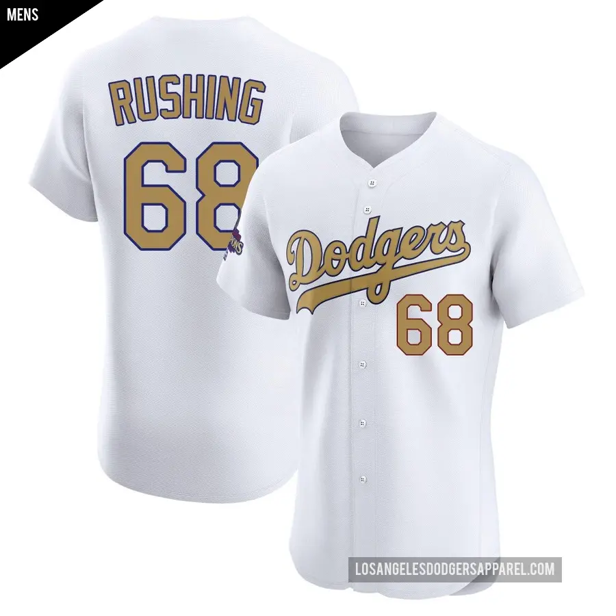 Men's Los Angeles Dodgers ＃68 Dalton Rushing Elite Gold White 2025 Collection Jersey