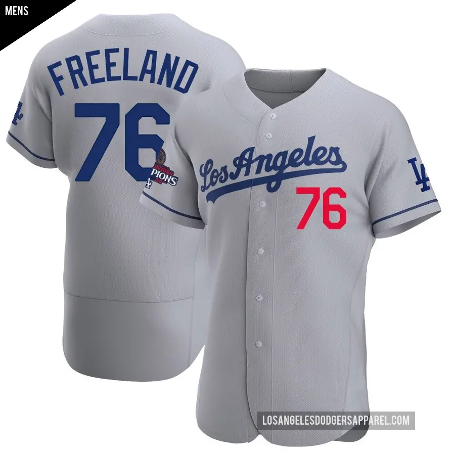 Men's Los Angeles Dodgers ＃76 Alex Freeland Authentic Gray Away Official 2024 World Series Champions Jersey