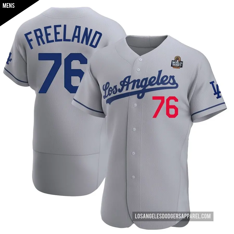Men's Los Angeles Dodgers ＃76 Alex Freeland Authentic Gray Away Official 2024 World Series Jersey