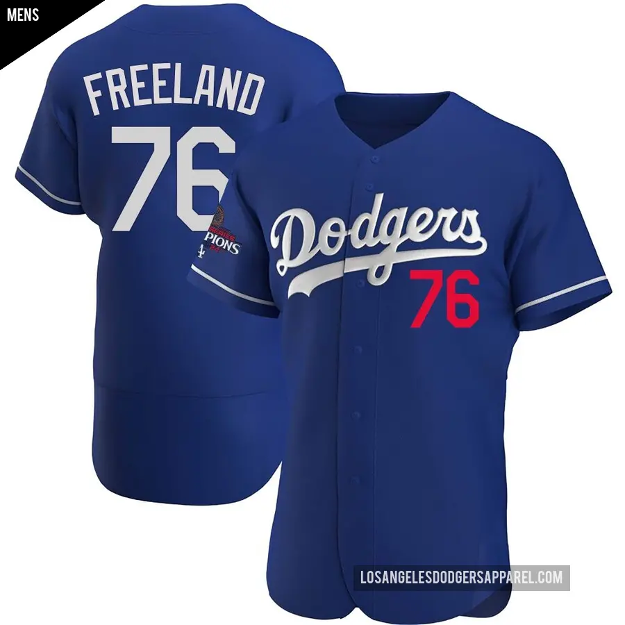 Men's Los Angeles Dodgers ＃76 Alex Freeland Authentic Royal Alternate 2024 World Series Champions Jersey