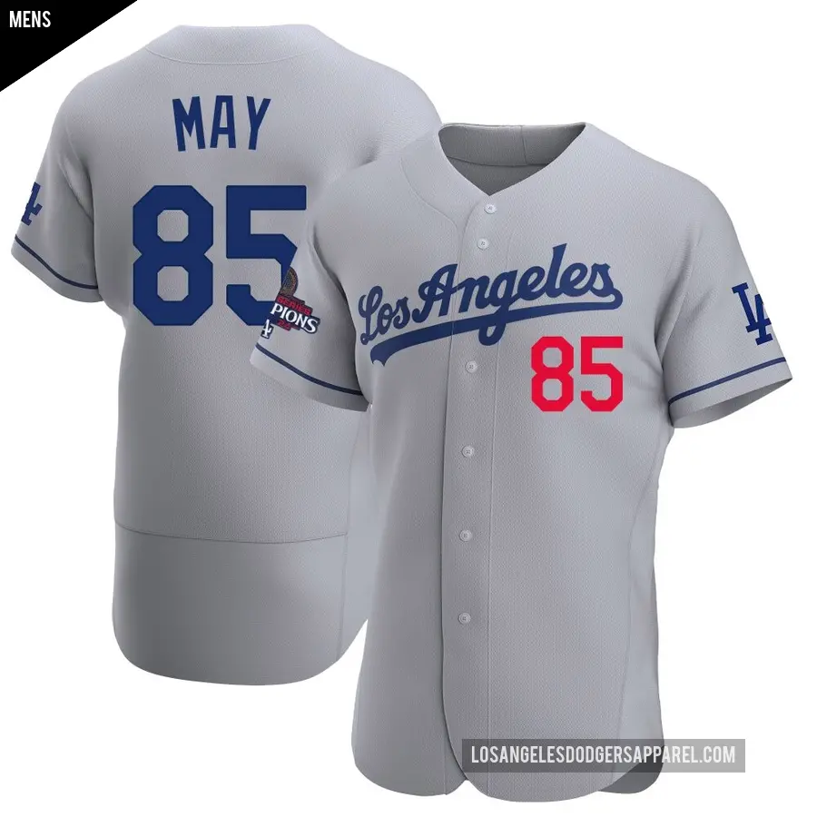 Men's Los Angeles Dodgers ＃85 Dustin May Authentic Gray Away Official 2024 World Series Champions Jersey