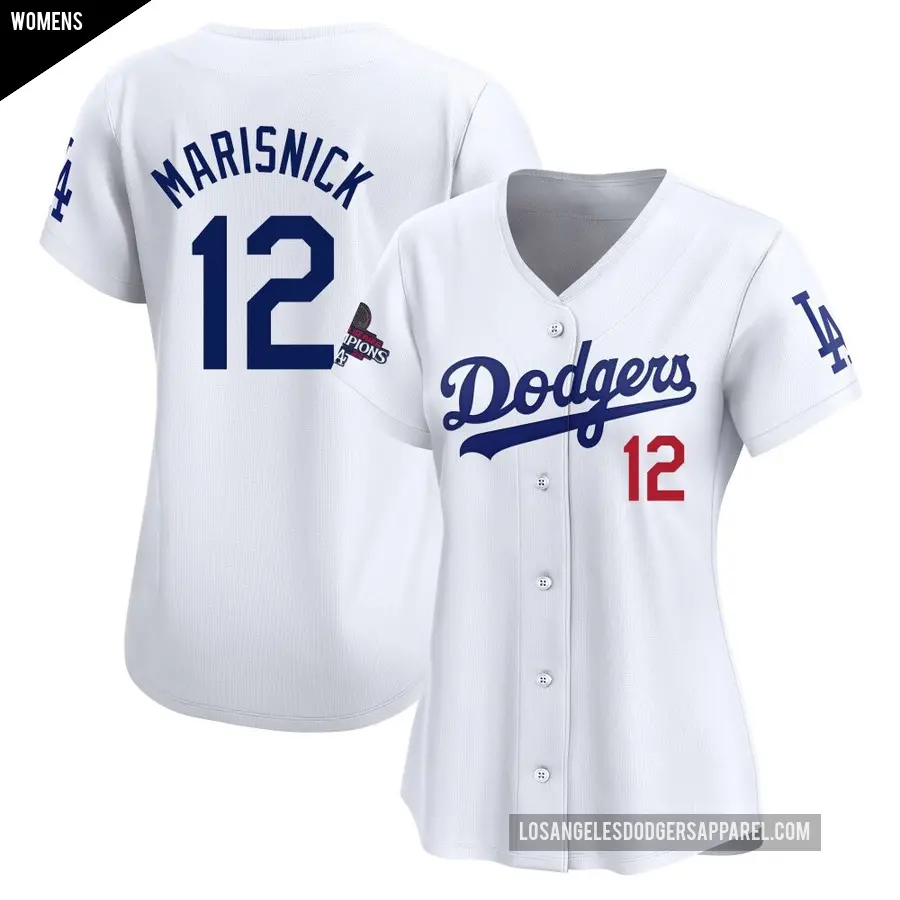 Women's Los Angeles Dodgers ＃12 Jake Marisnick Limited White Home 2024 World Series Champions Jersey