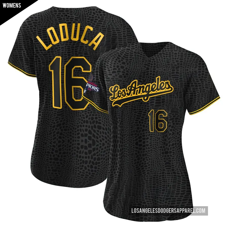 Women's Los Angeles Dodgers ＃16 Paul Loduca Authentic Black Snake Skin City 2024 World Series Champions Jersey