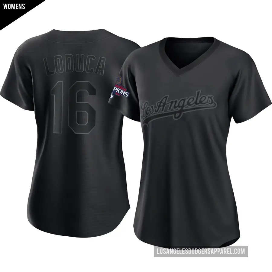 Women's Los Angeles Dodgers ＃16 Paul Loduca Replica Black Pitch Fashion 2024 World Series Champions Jersey