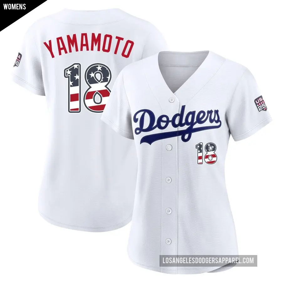 Women's Los Angeles Dodgers ＃18 Yoshinobu Yamamoto Limited White USA 250 Fourth Of July Home Stadium Jersey