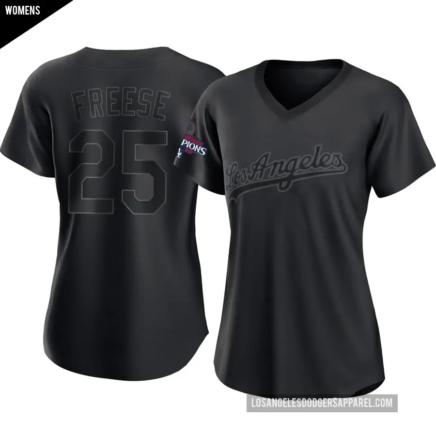 Women's Los Angeles Dodgers ＃25 David Freese Replica Black Pitch Fashion 2024 World Series Champions Jersey