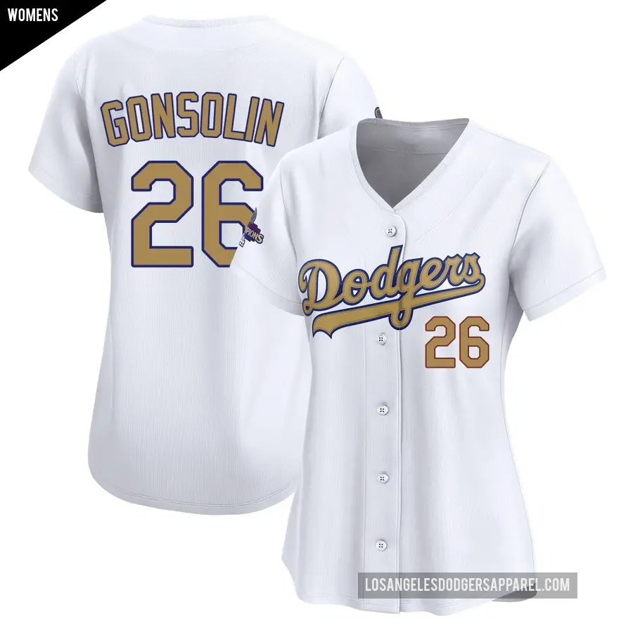 Women's Los Angeles Dodgers ＃26 Tony Gonsolin Limited Gold White 2025 Collection Jersey