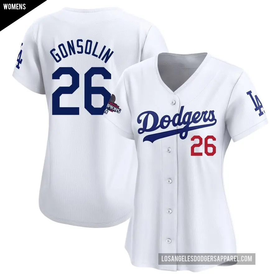 Women's Los Angeles Dodgers ＃26 Tony Gonsolin Limited White Home 2024 World Series Champions Jersey