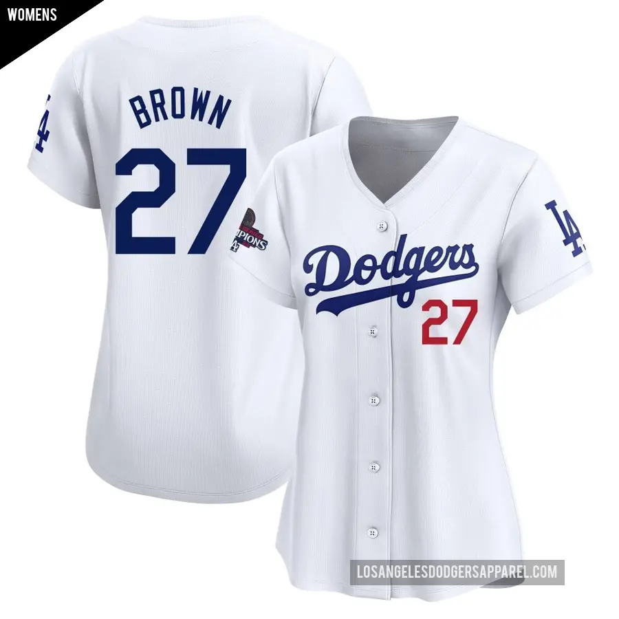 Women's Los Angeles Dodgers ＃27 Kevin Brown Limited White Home 2024 World Series Champions Jersey