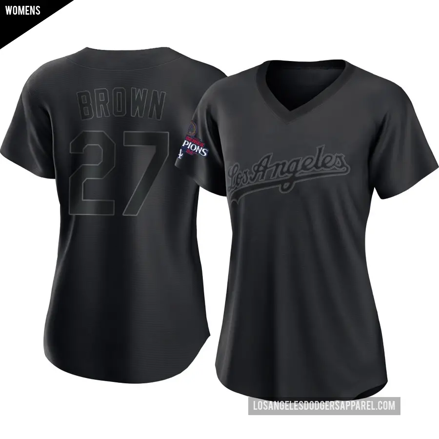 Women's Los Angeles Dodgers ＃27 Kevin Brown Replica Black Pitch Fashion 2024 World Series Champions Jersey