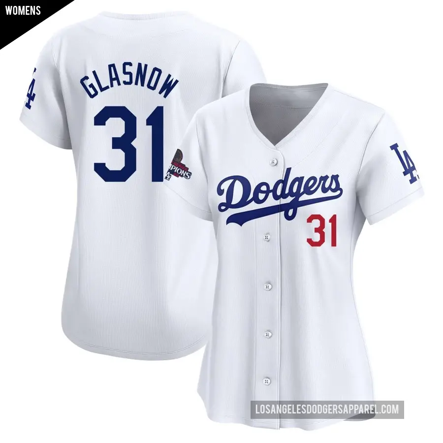 Women's Los Angeles Dodgers ＃31 Tyler Glasnow Limited White Home 2024 World Series Champions Jersey