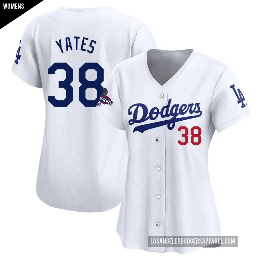Women's Los Angeles Dodgers ＃38 Kirby Yates Limited White Home 2024 World Series Champions Jersey