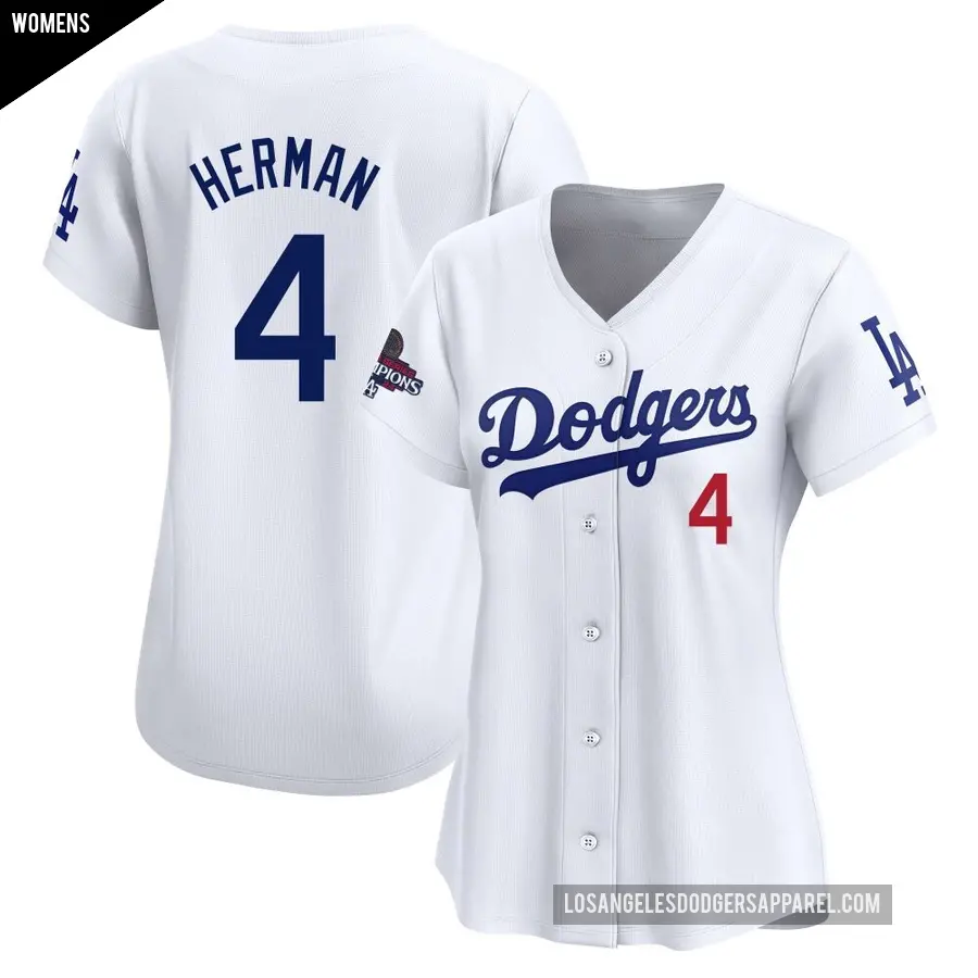 Women's Los Angeles Dodgers ＃4 Babe Herman Limited White Home 2024 World Series Champions Jersey