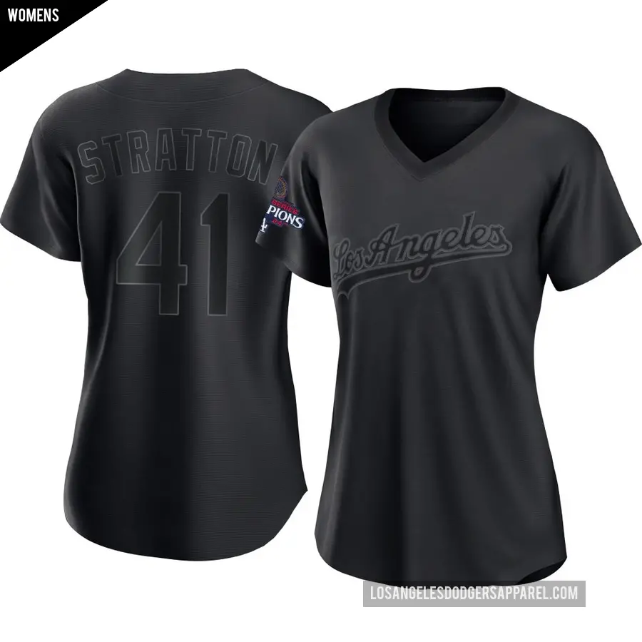 Women's Los Angeles Dodgers ＃41 Chris Stratton Replica Black Pitch Fashion 2024 World Series Champions Jersey