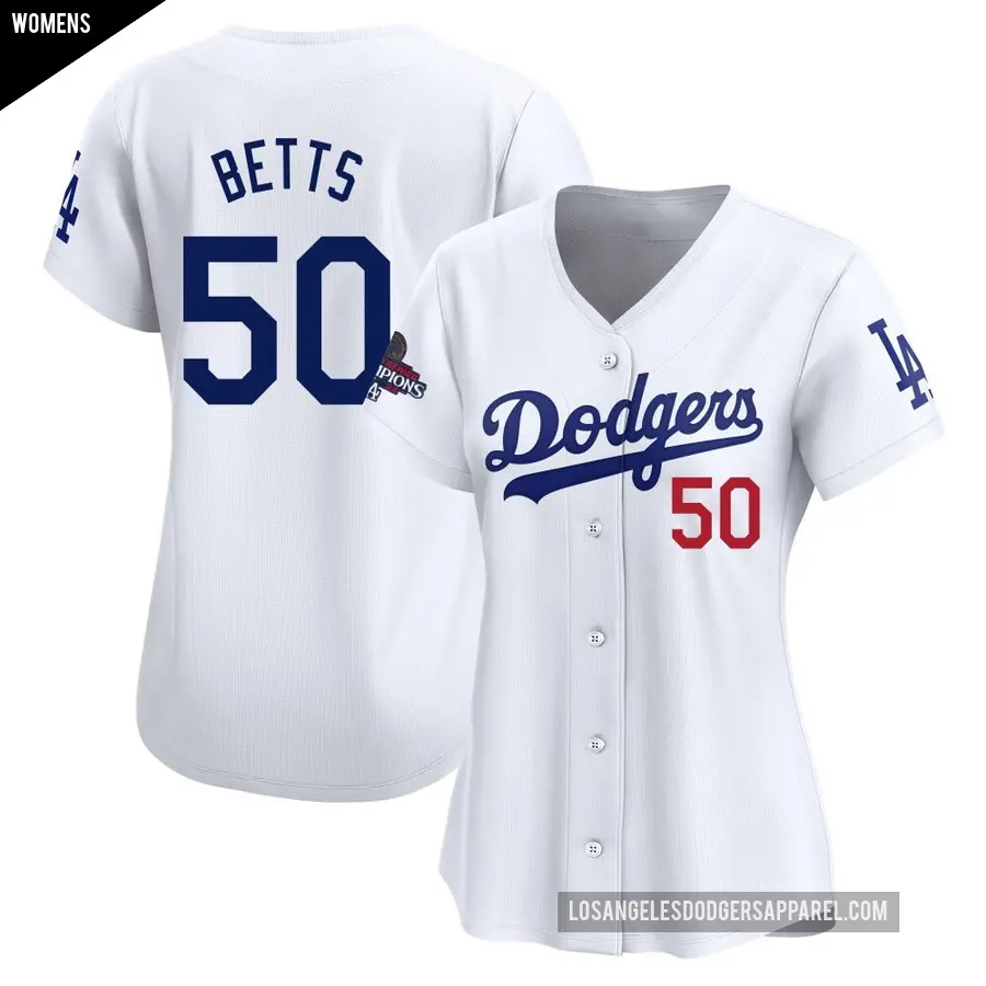 Women's Los Angeles Dodgers ＃50 Mookie Betts Limited White Home 2024 World Series Champions Jersey