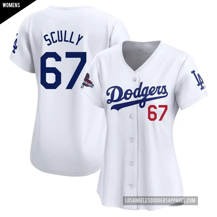 Women's Los Angeles Dodgers ＃67 Vin Scully Limited White Home 2024 World Series Champions Jersey