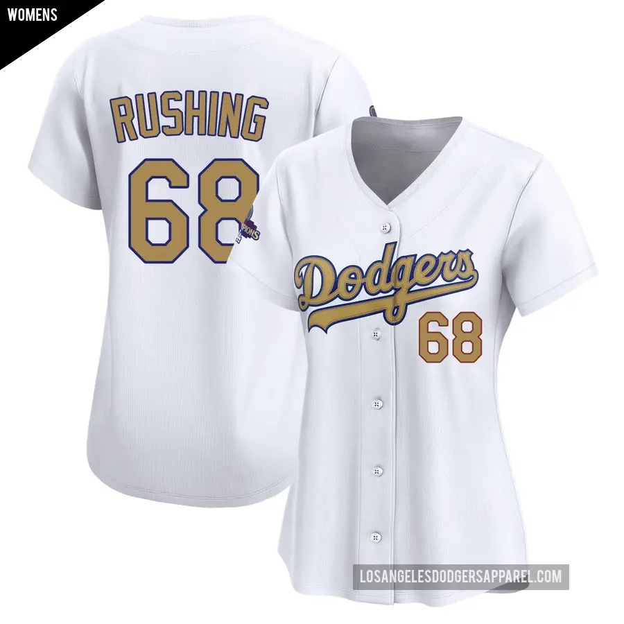 Women's Los Angeles Dodgers ＃68 Dalton Rushing Limited Gold White 2025 Collection Jersey