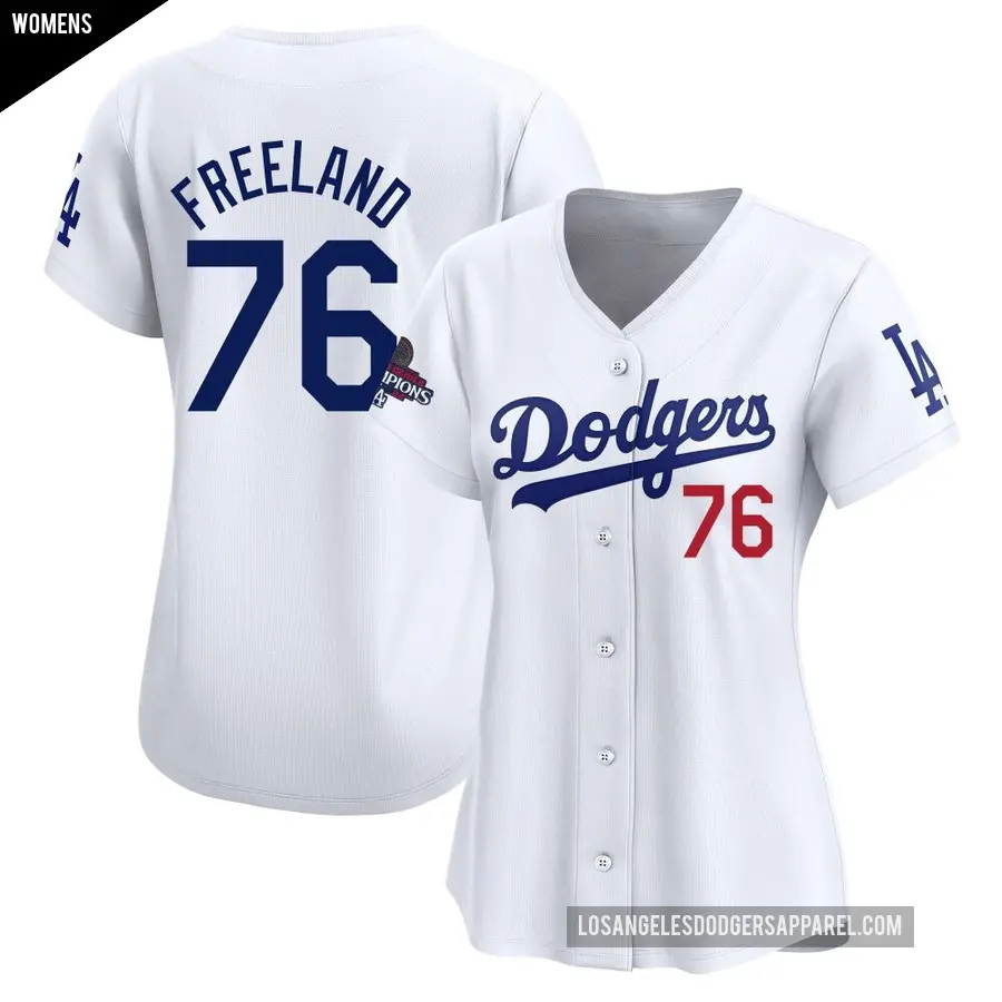 Women's Los Angeles Dodgers ＃76 Alex Freeland Limited White Home 2024 World Series Champions Jersey
