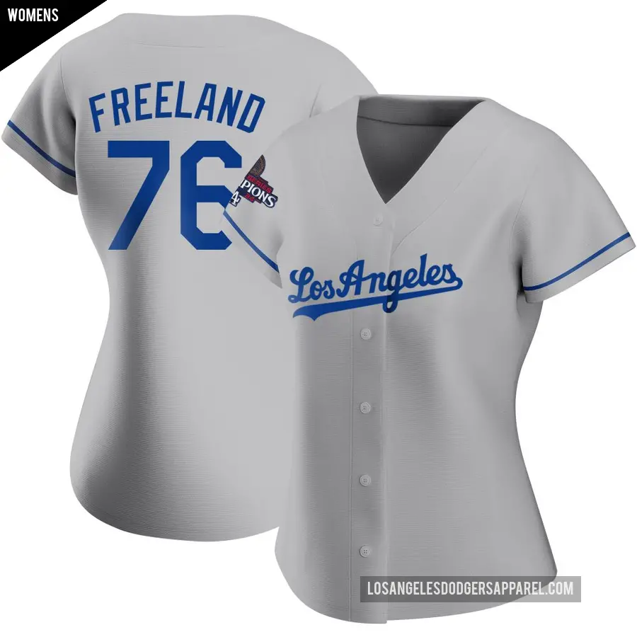 Women's Los Angeles Dodgers ＃76 Alex Freeland Replica Gray Road 2024 World Series Champions Jersey