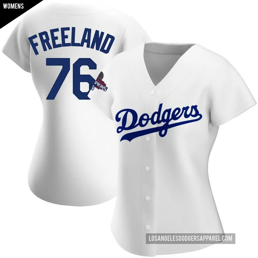 Women's Los Angeles Dodgers ＃76 Alex Freeland Replica White Home 2024 World Series Champions Jersey