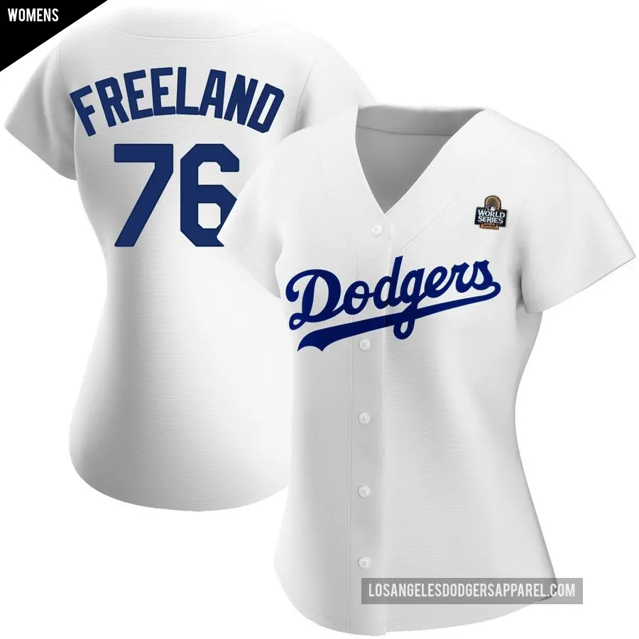 Women's Los Angeles Dodgers ＃76 Alex Freeland Replica White Home 2024 World Series Jersey