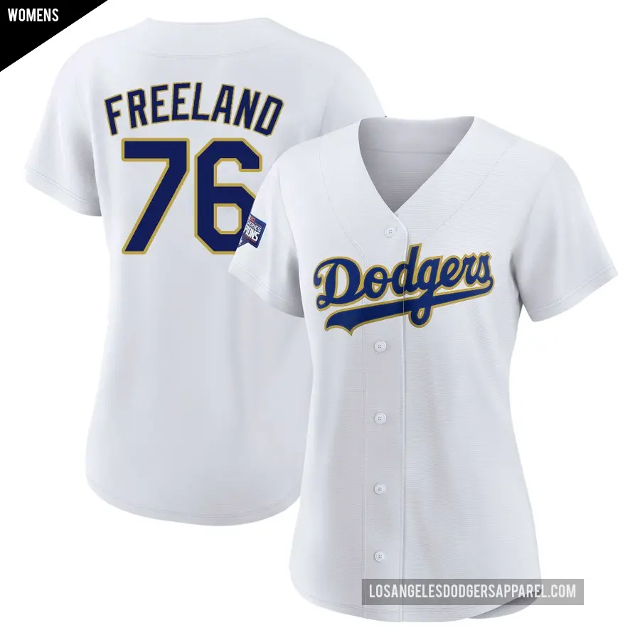 Women's Los Angeles Dodgers ＃76 Alex Freeland Replica White/Gold 2021 Gold Program Player Jersey