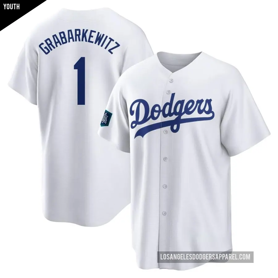 Youth Los Angeles Dodgers ＃1 Billy Grabarkewitz Replica White 2024 World Tour Seoul Series Home Jersey