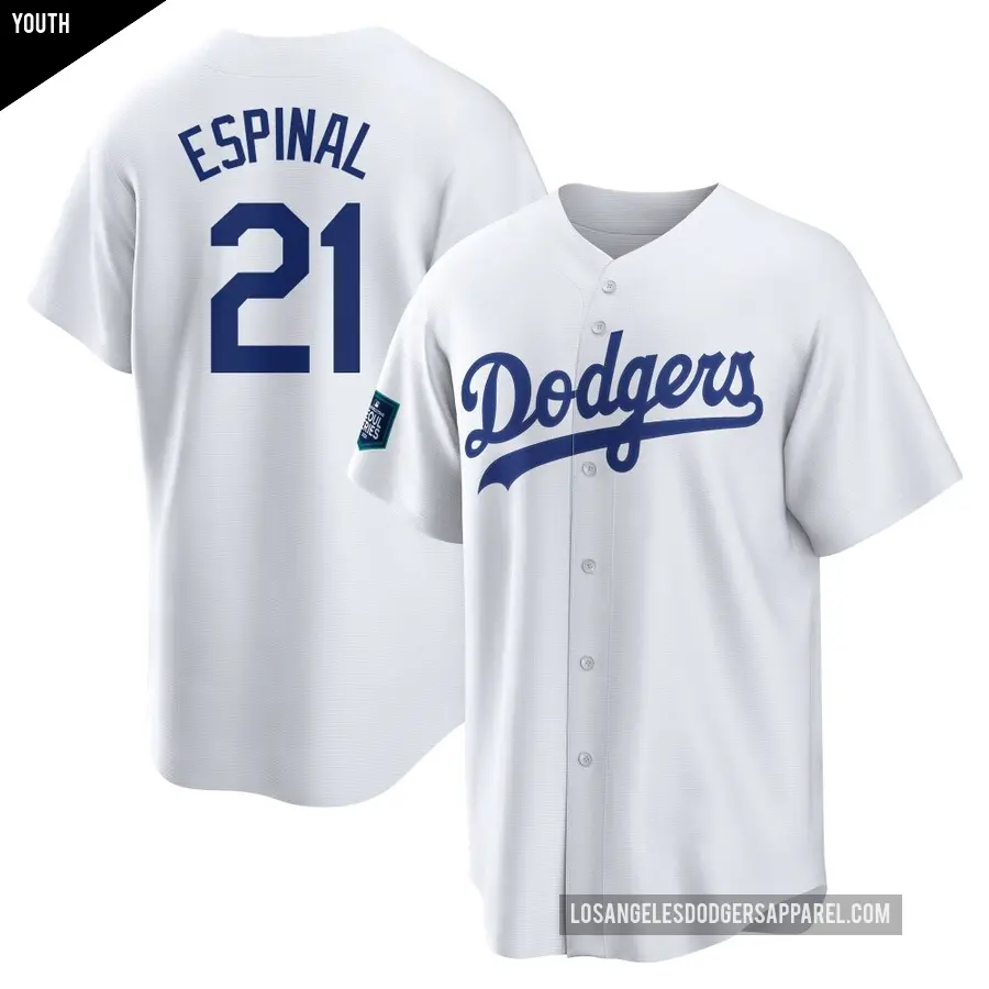 Youth Los Angeles Dodgers ＃21 Santiago Espinal Replica White 2024 World Tour Seoul Series Home Jersey