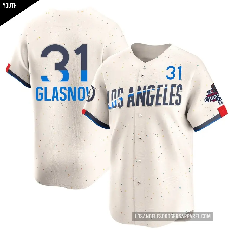 Youth Los Angeles Dodgers &#65283;31 Tyler Glasnow Limited Cream 2024 City Connect World Series Champions Jersey