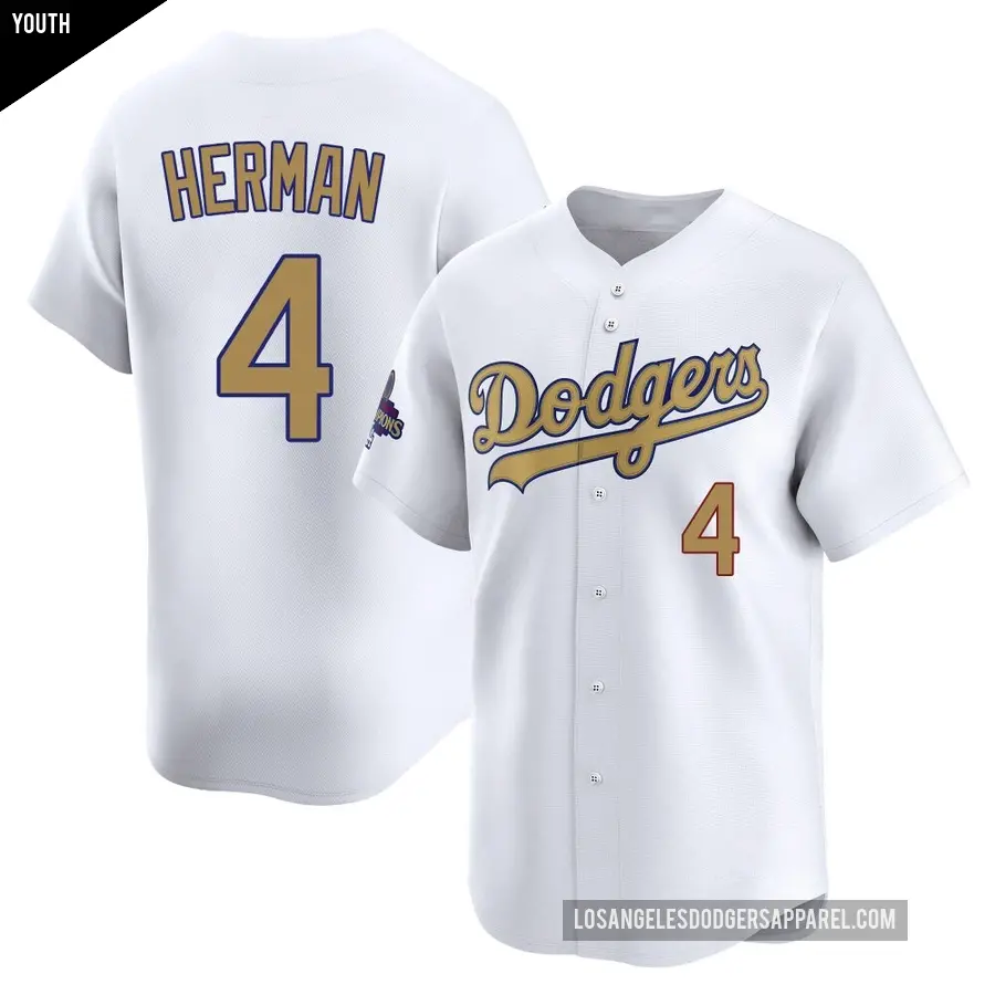 Youth Los Angeles Dodgers ＃4 Babe Herman Limited Gold White 2025 Collection Jersey
