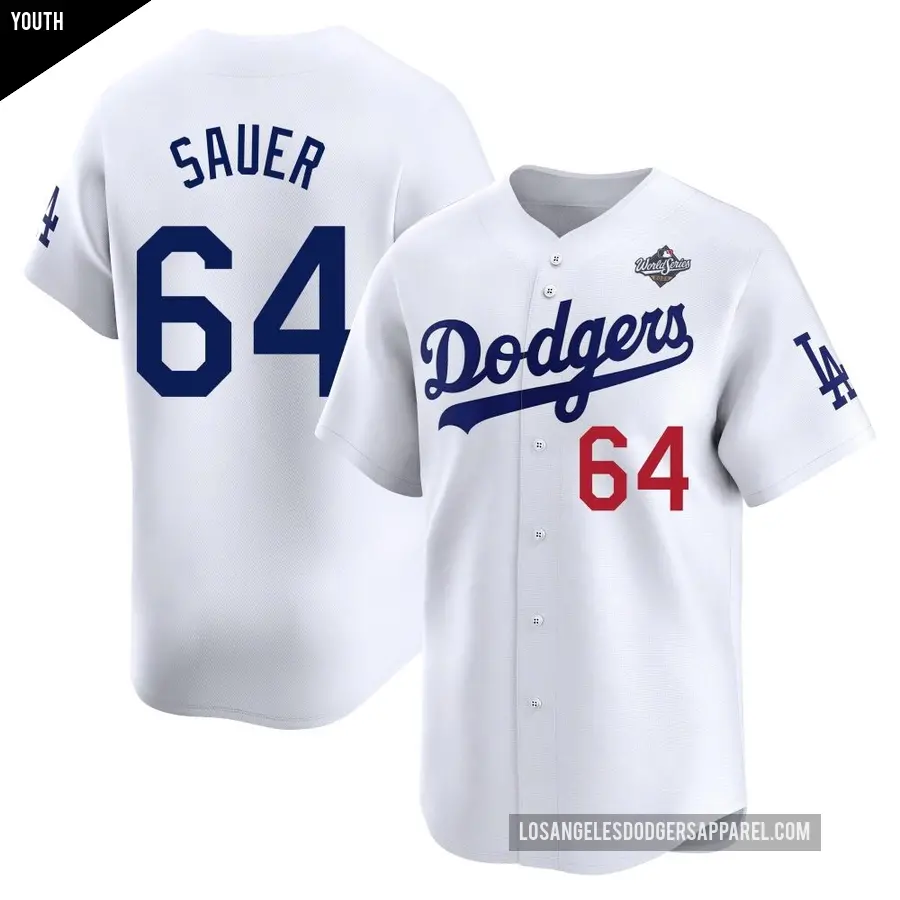 Youth Los Angeles Dodgers ＃64 Matt Sauer Limited White Home 2025 World Series Jersey