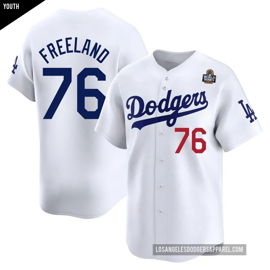 Youth Los Angeles Dodgers ＃76 Alex Freeland Limited White Home 2024 World Series Jersey