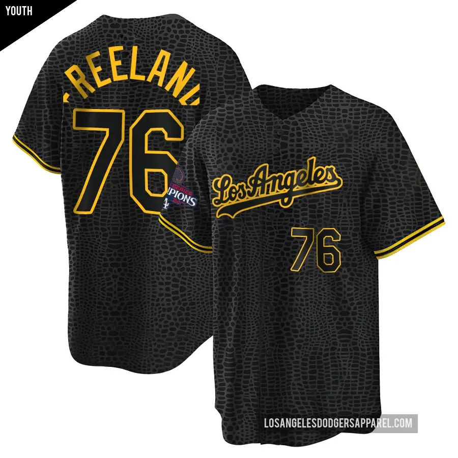 Youth Los Angeles Dodgers ＃76 Alex Freeland Replica Black Snake Skin City 2024 World Series Champions Jersey